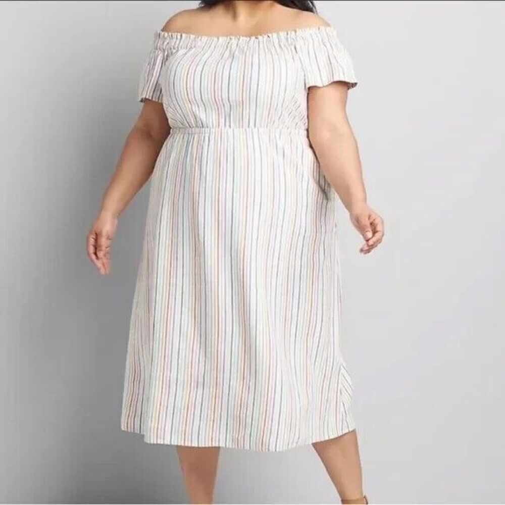 Lane Bryant NEW Dress Womens 26 28 Candy Stripe Off Shoulder Linen Blend Midi